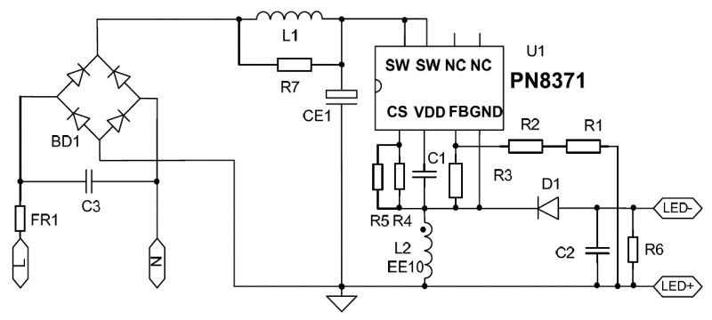 芯朋微基于PN8371 的5.85W 灯丝灯LED 应用方案的电源原理图