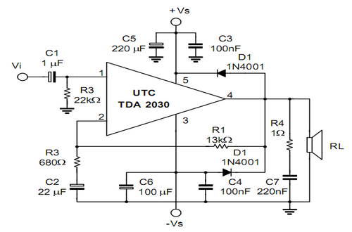 UTC台湾友顺TDA2030典型应用电路图