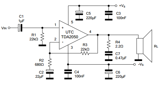 UTC台湾友顺TDA2050典型应用电路图