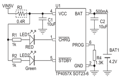 南京拓品微TP4057X型号典型应用电路图
