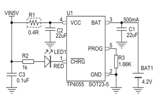 拓品微TP4055典型应用电路图