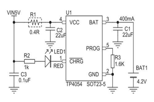 拓品微TP4054典型应用电路图